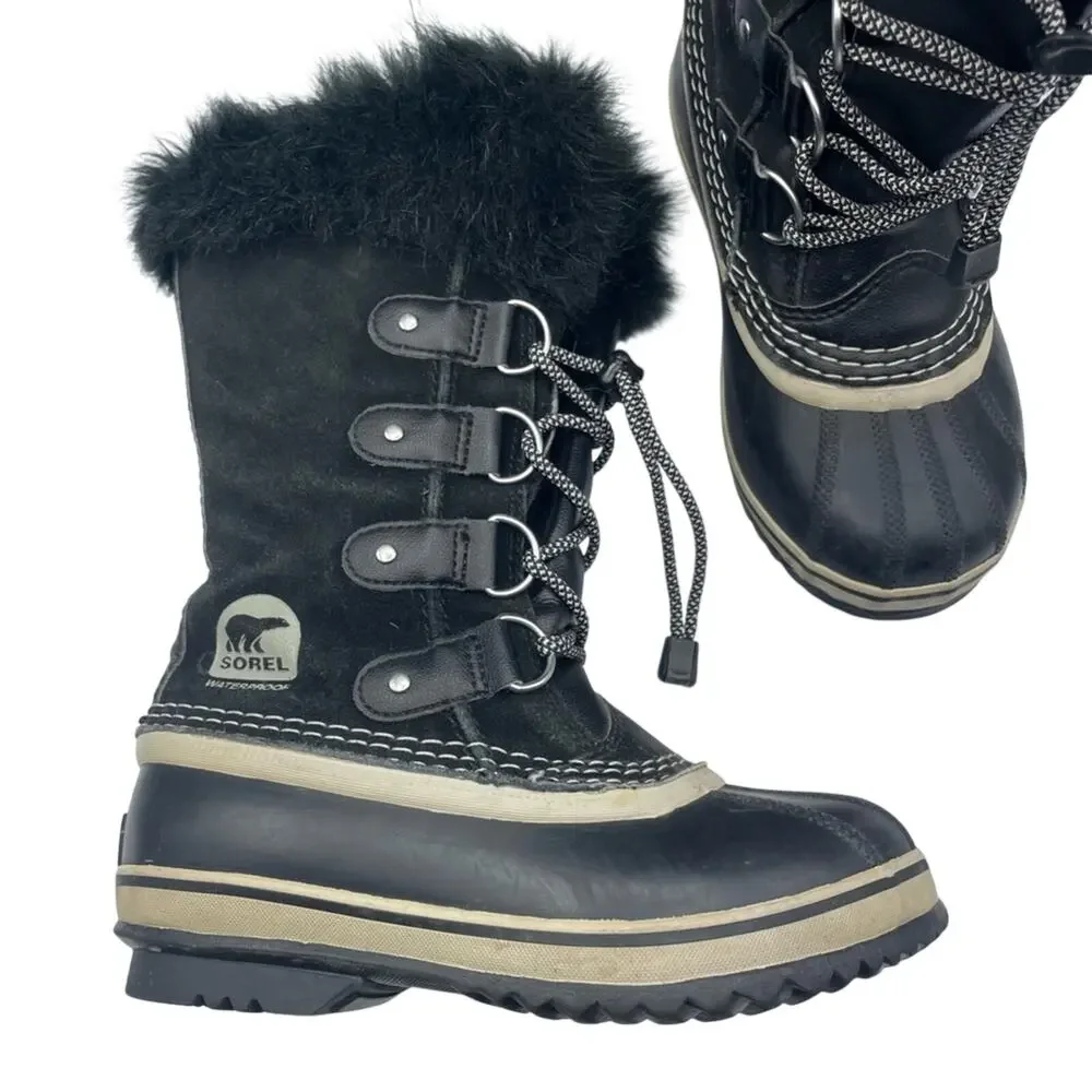 Sorel Youth Joan Of Arctic Black Oyster Duck Boots Winter Fur Lined Size 2